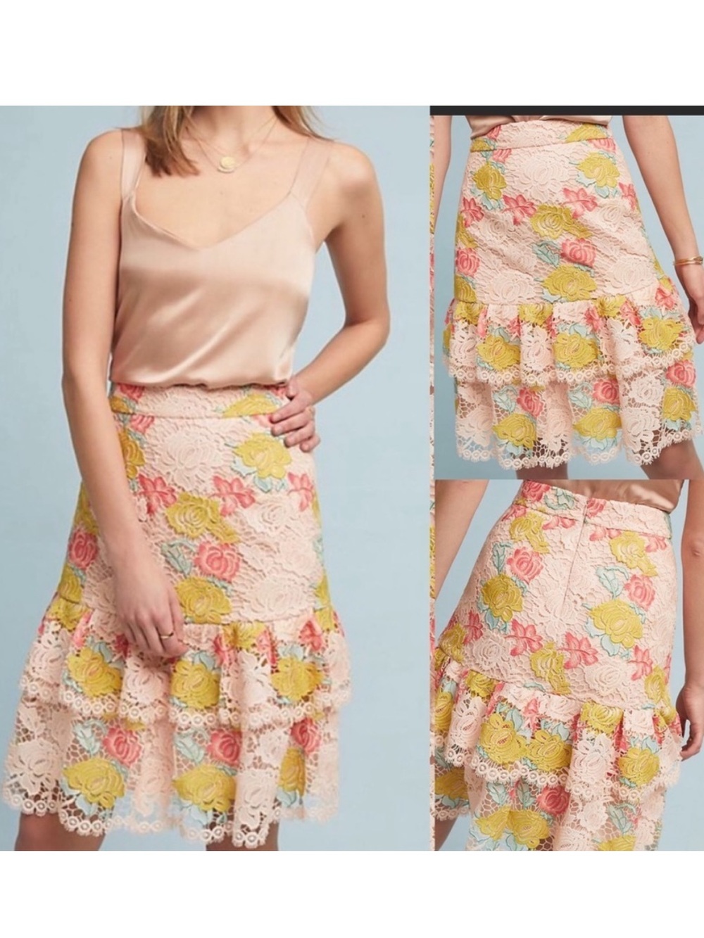 Anthropologie Pink Lace A-Line hutch Skirt with Floral Embroidery
